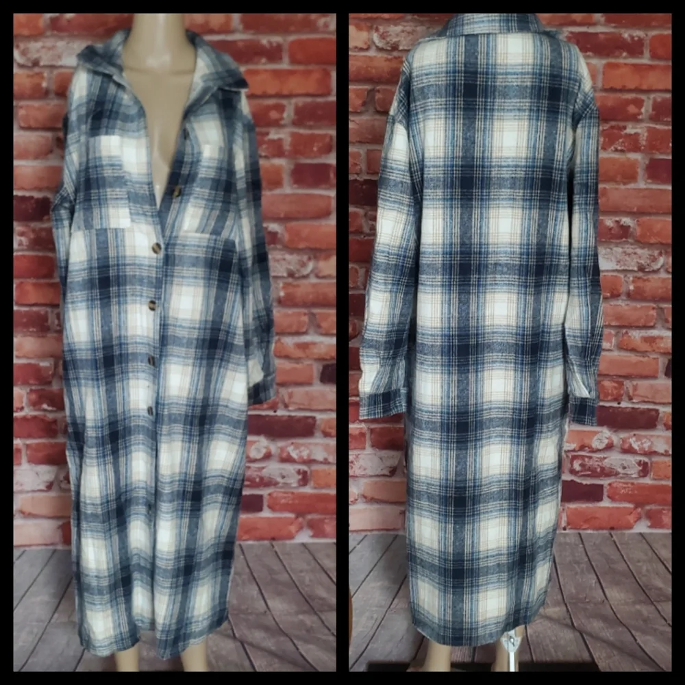Blue Plaid Long Coat Large NWOT - Picture 3 of 3